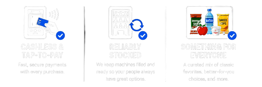 Hightower Vending benefits: cashless tap-to-pay, reliably stocked machines, curated snacks and drinks