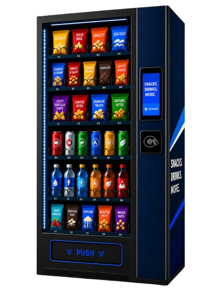 Vending machine stocked with snacks, drinks, and tap-to-pay checkout